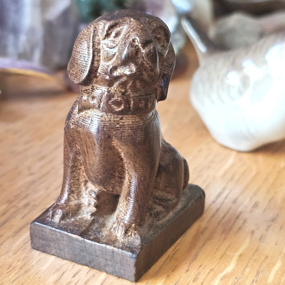 Mahogany Hard Wood Hand Carved 2" Wood Folk Art Dog Sculpture Figurine